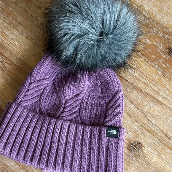 The North Face Youth Purple Knit Beanie with Fluffy Gray Pom-Pom - Picture 8 of 15